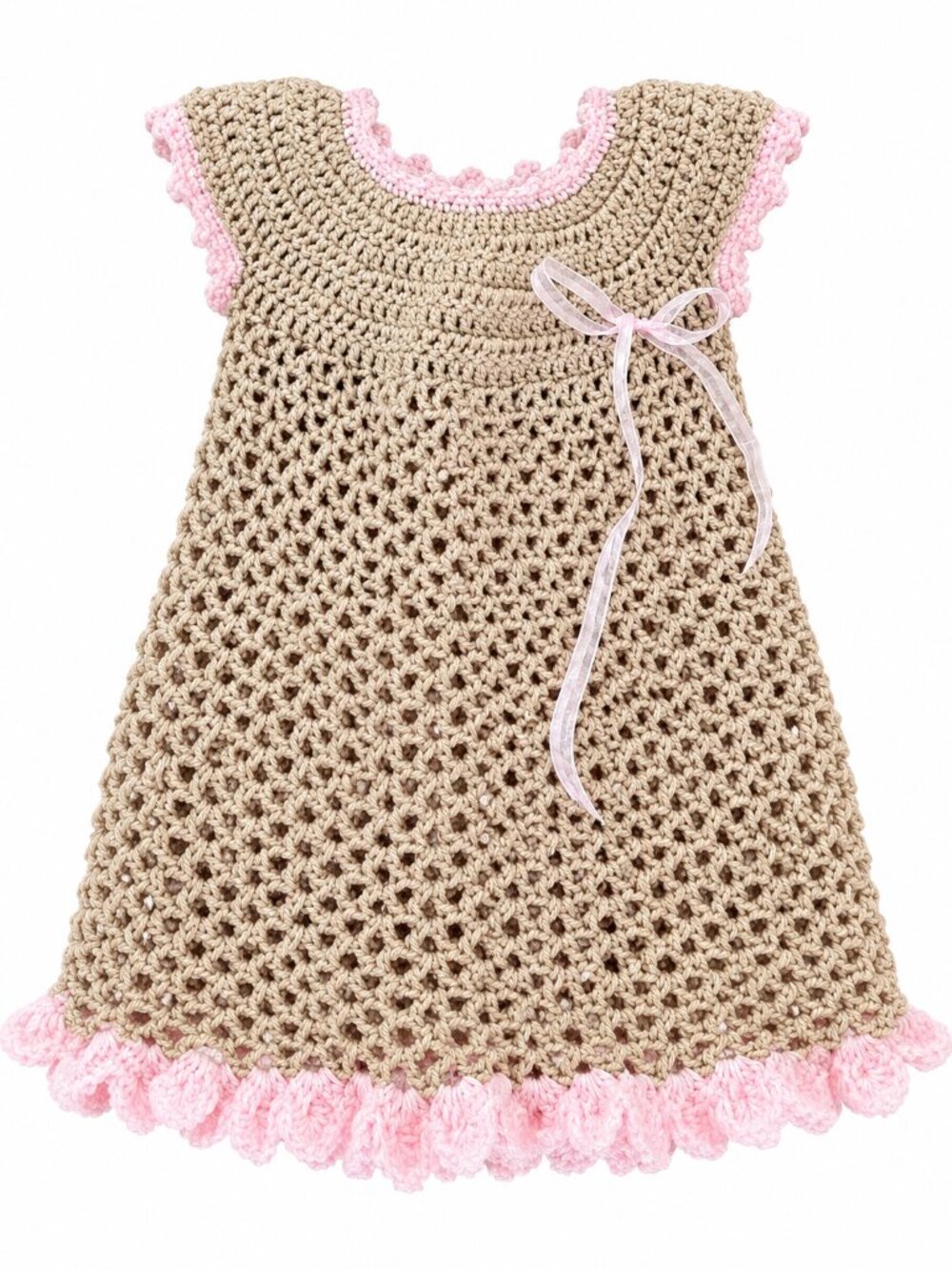 Handmade Crochet Baby Dress Beige Pink Ruffle Bow Cottagecore Photo Prop